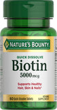 Tablettes biotine Nature's Bounty 5000 mcg, dissolution rapide pour une prise pratique au quotidien.