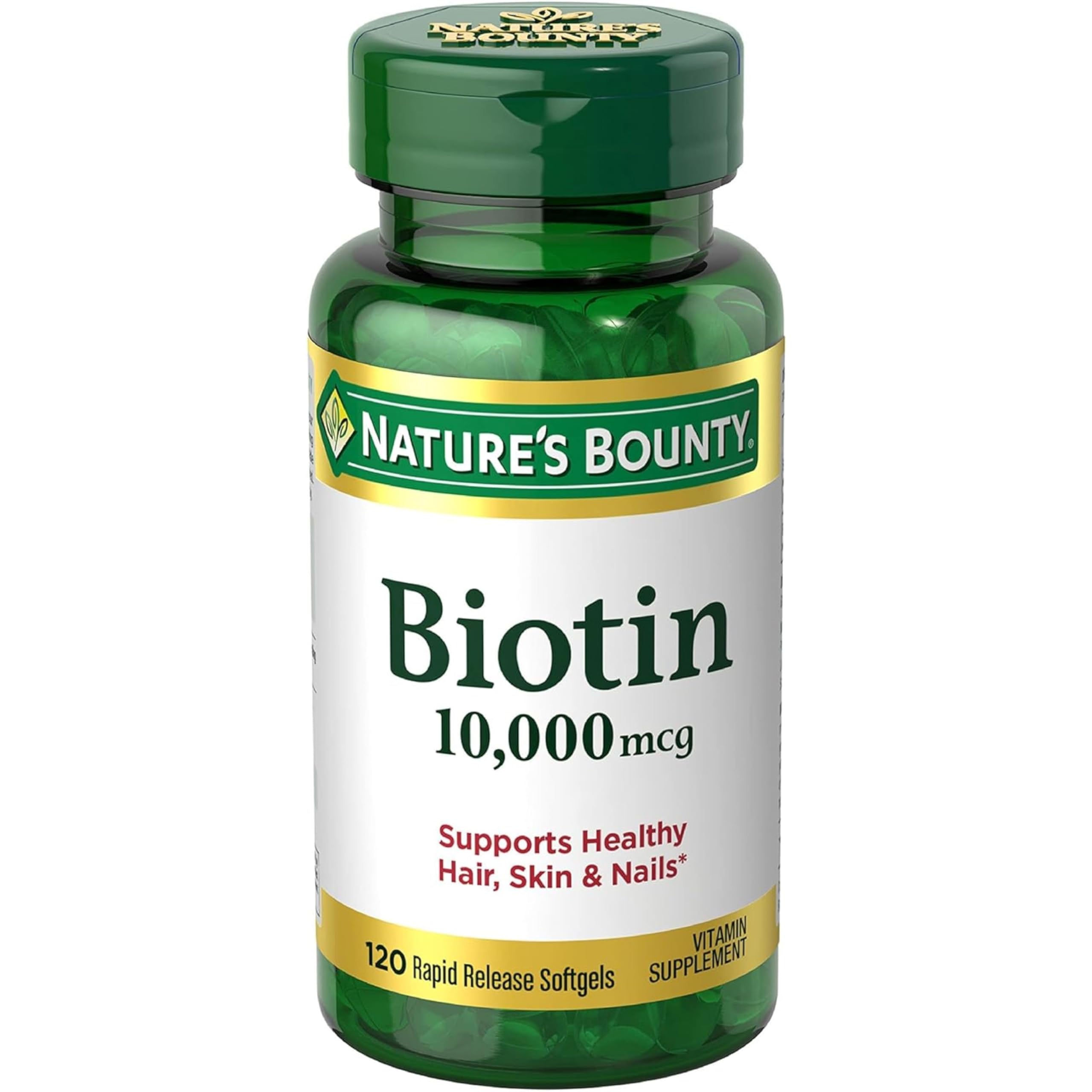Nature's Bounty Biotin en bouteille, gélules à libération rapide pour cheveux.