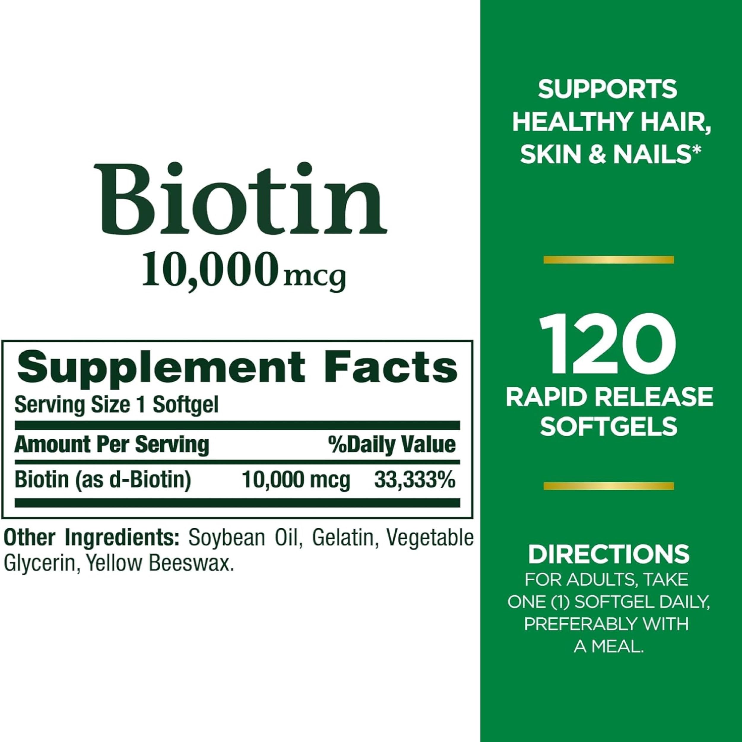 Nature's Bounty Biotin étiquette et emballage clairs.
