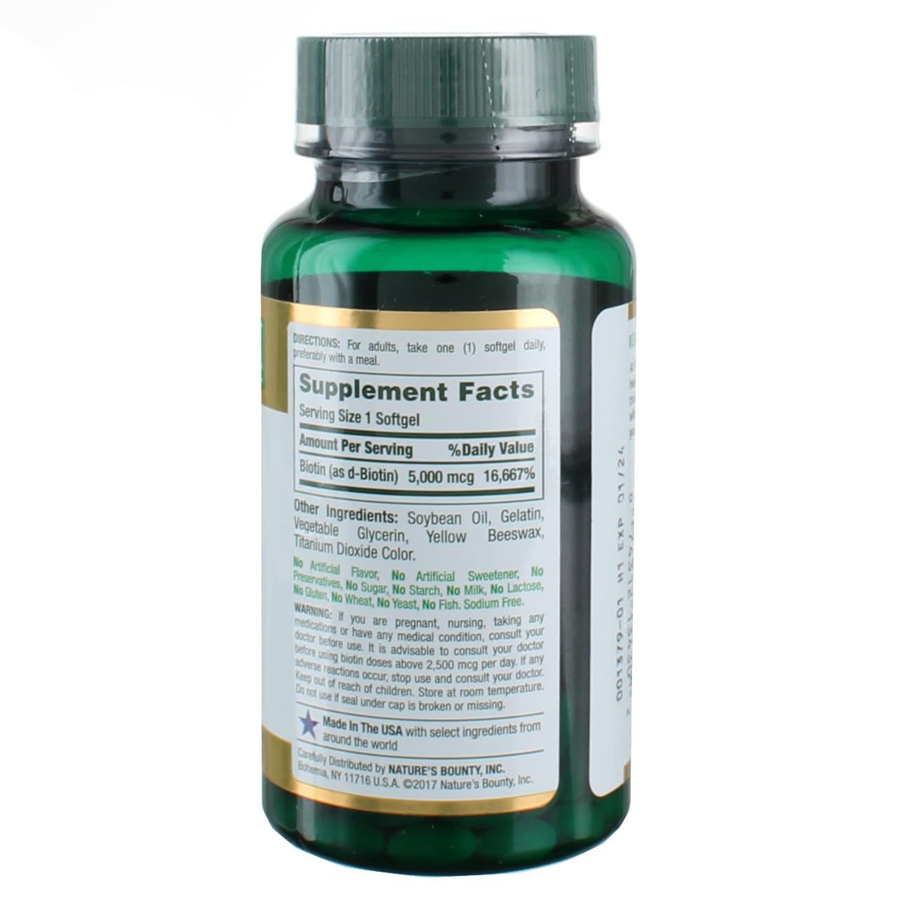 Nature's Bounty Biotine 5000 mcg, étiquette sur flacon – utilisation quotidienne pratique.