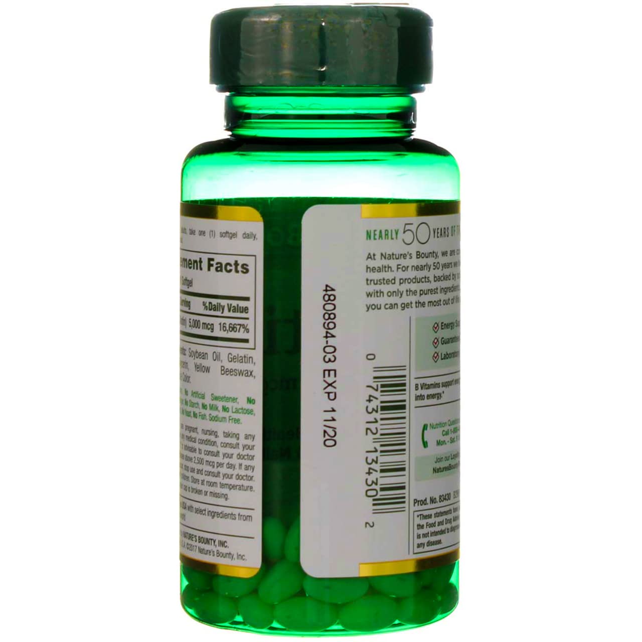 Nature's Bounty Biotine 5000 mcg, détail d'étiquette – informations claires.