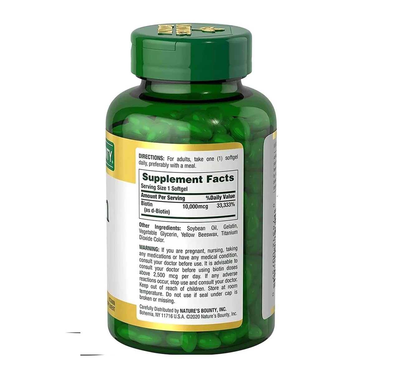 Nature's Bounty Biotine – formule sans colorants artificiels et sans lactose.