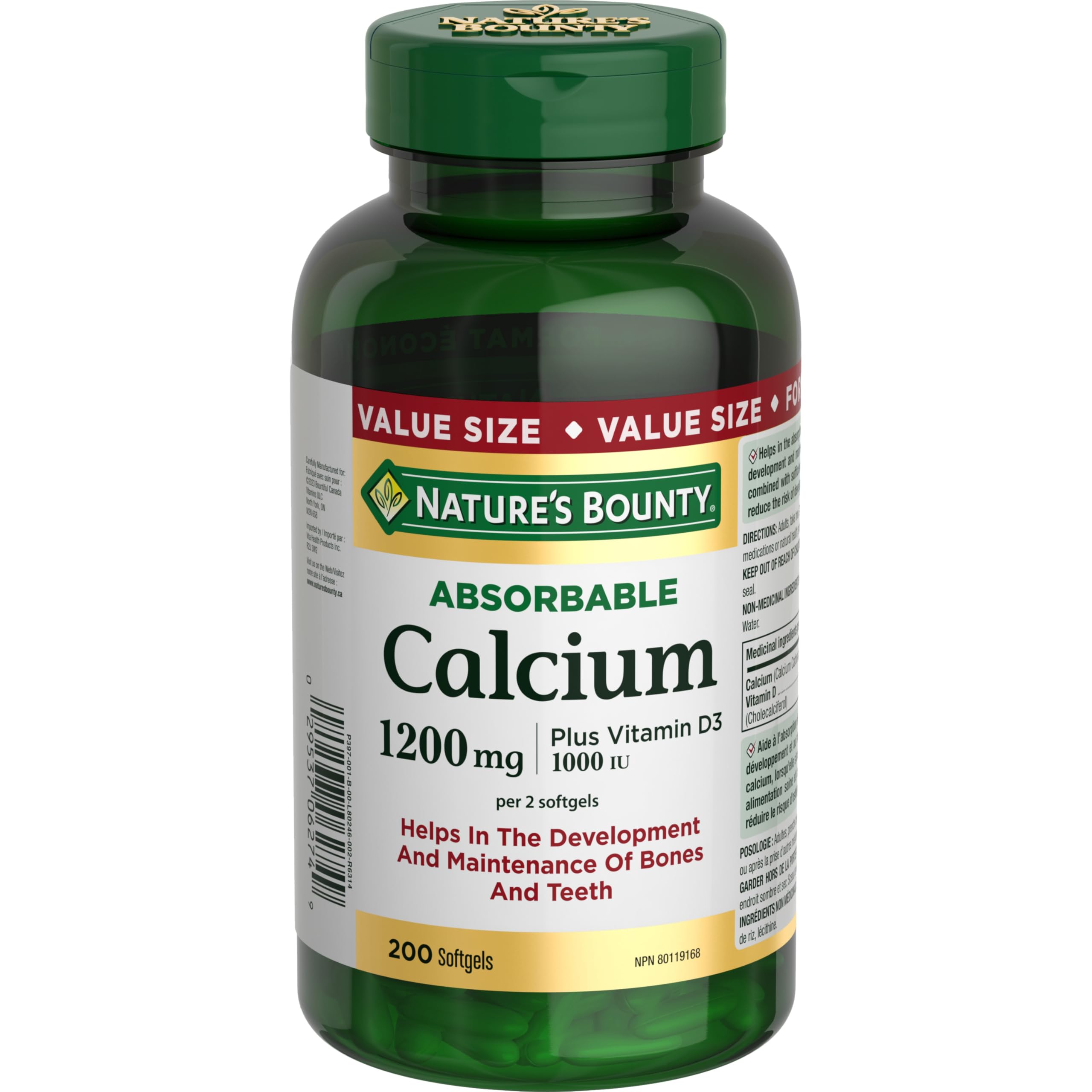 Nature's Bounty calcium absorbable 1200 mg + D3 1000 UI — bouteille pour usage quotidien.