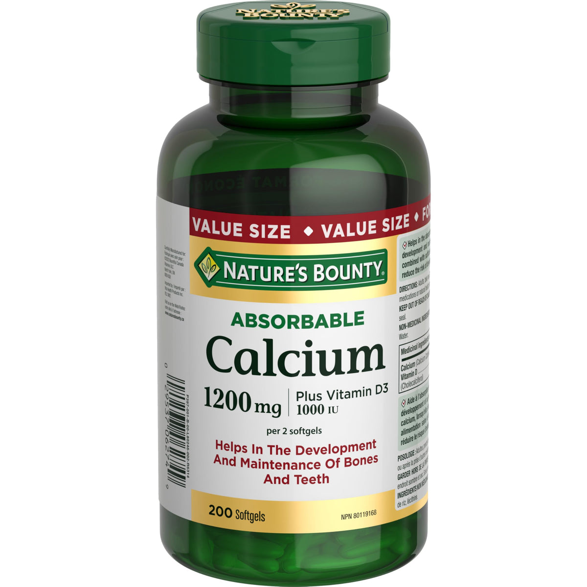 Nature's Bounty calcium absorbable 1200 mg + D3 1000 UI — bouteille pour usage quotidien.