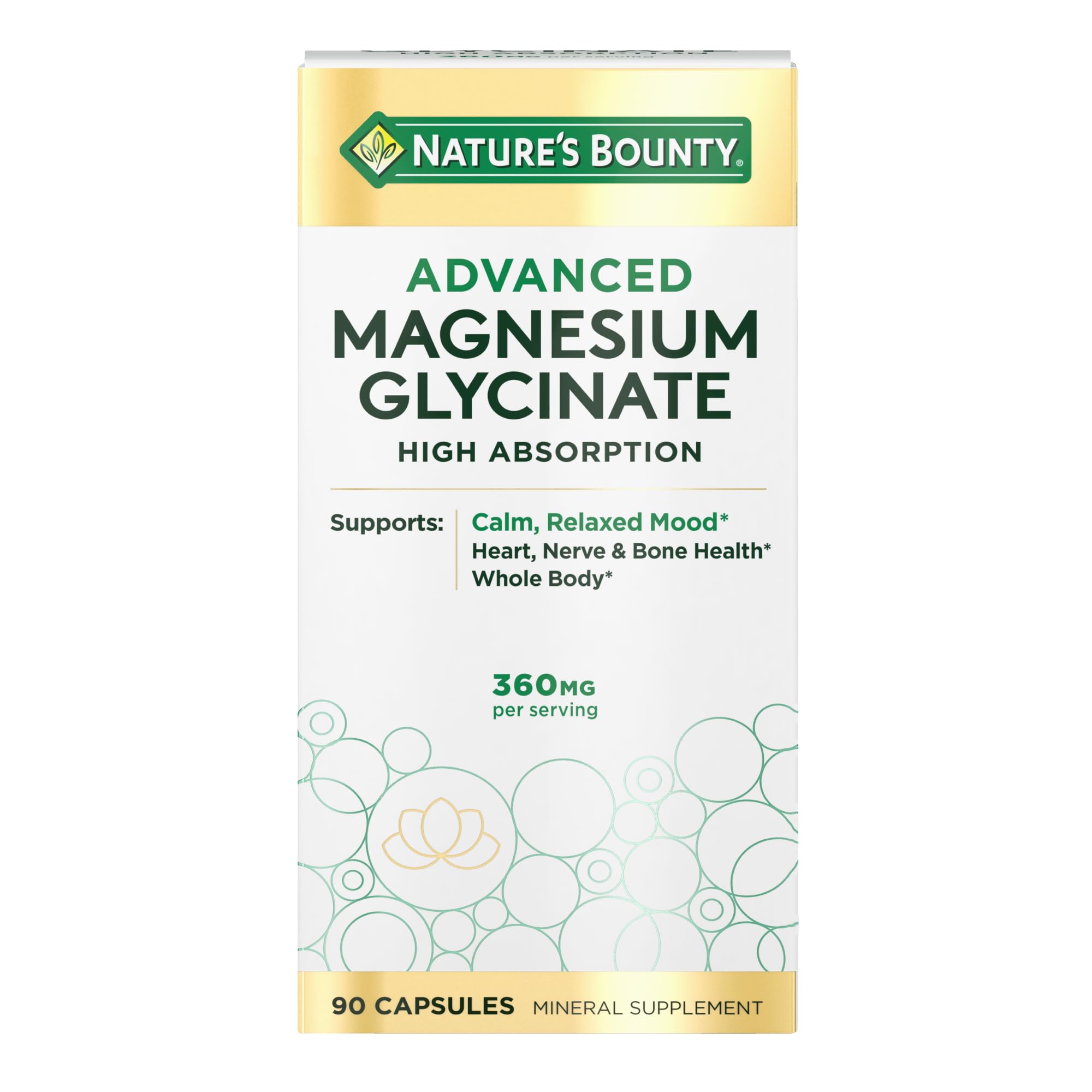 Nature's Bounty Calme Magnesium Glycinate, bouteille: soutien potentiel pour un esprit plus détendu.