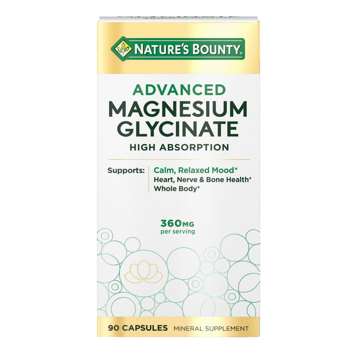 Nature's Bounty Calme Magnesium Glycinate, bouteille: soutien potentiel pour un esprit plus détendu.