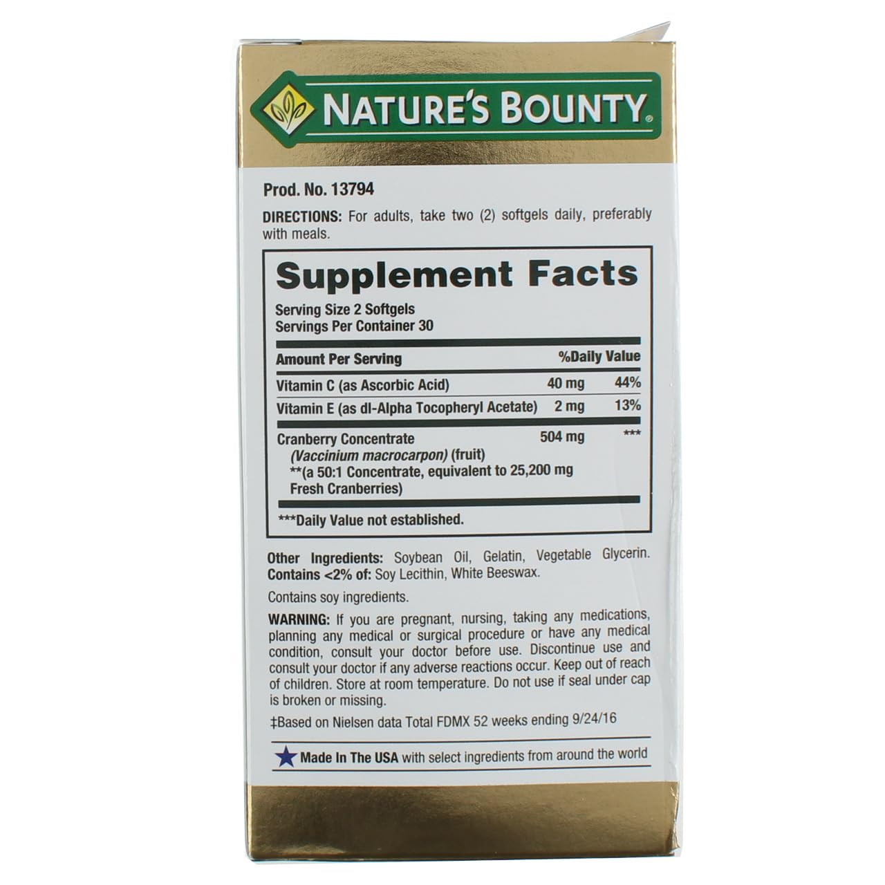 Étiquette Nature's Bounty canneberge vitamine C 100 mg, informations claires