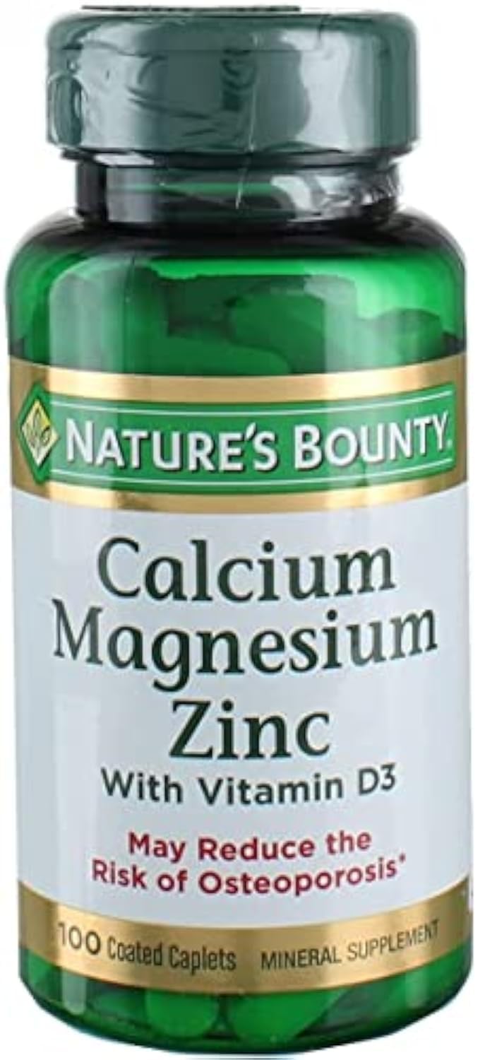 Caplets Nature's Bounty calcium magnésium zinc, soutien potentiel pour les os et les muscles.
