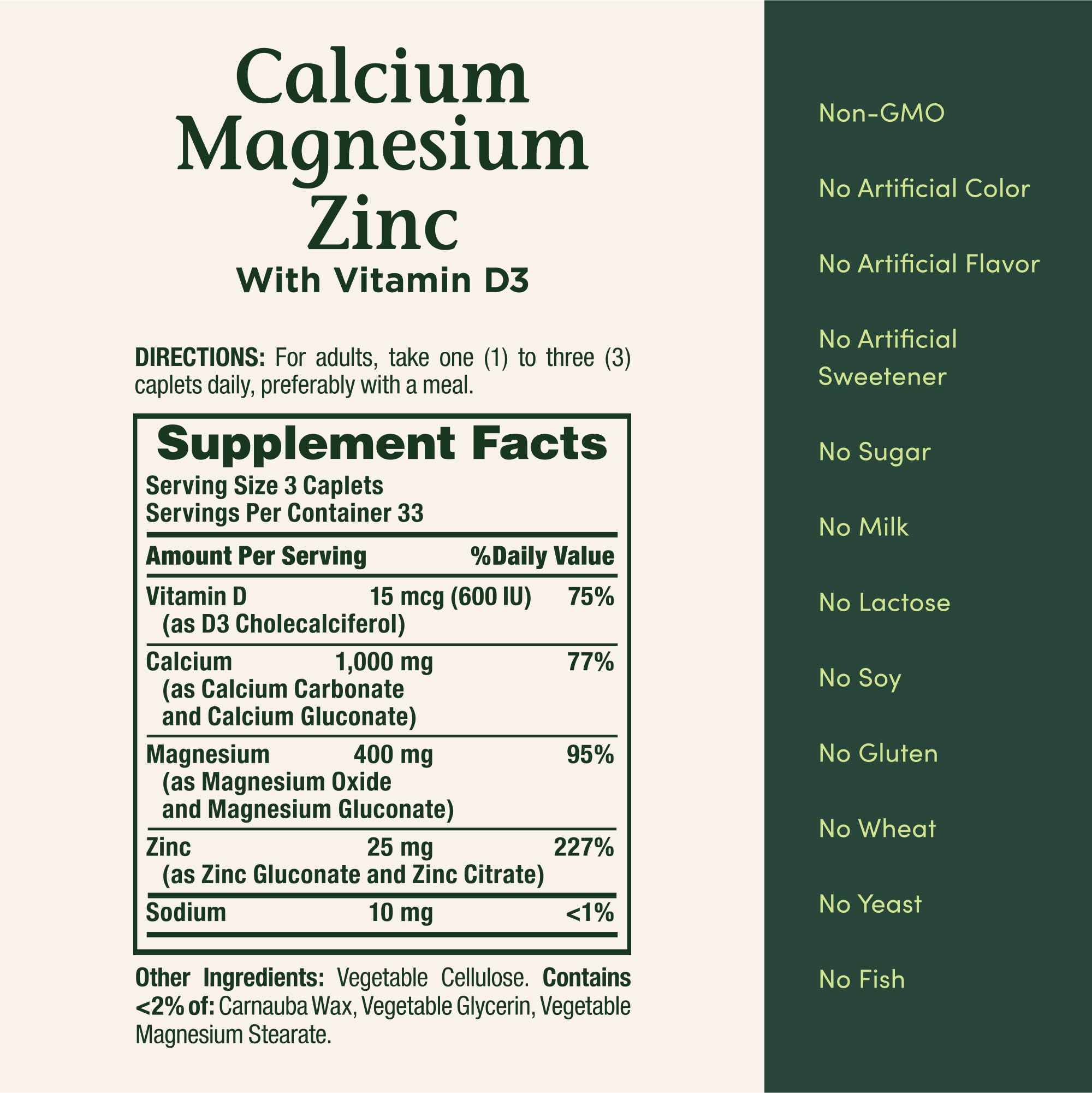 Nature's Bounty caplets montrant l'association calcium magnésium zinc pour le soutien quotidien.