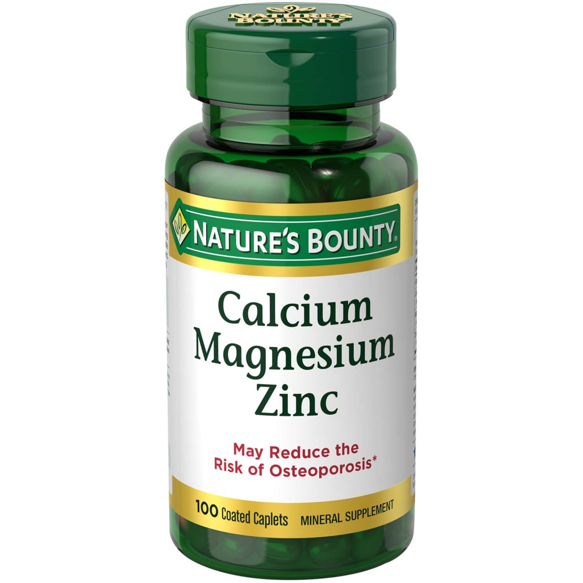 Nature's Bounty caplets calcium-magnesie-zinc emballage clair facilitant la supplémentation quotidienne.