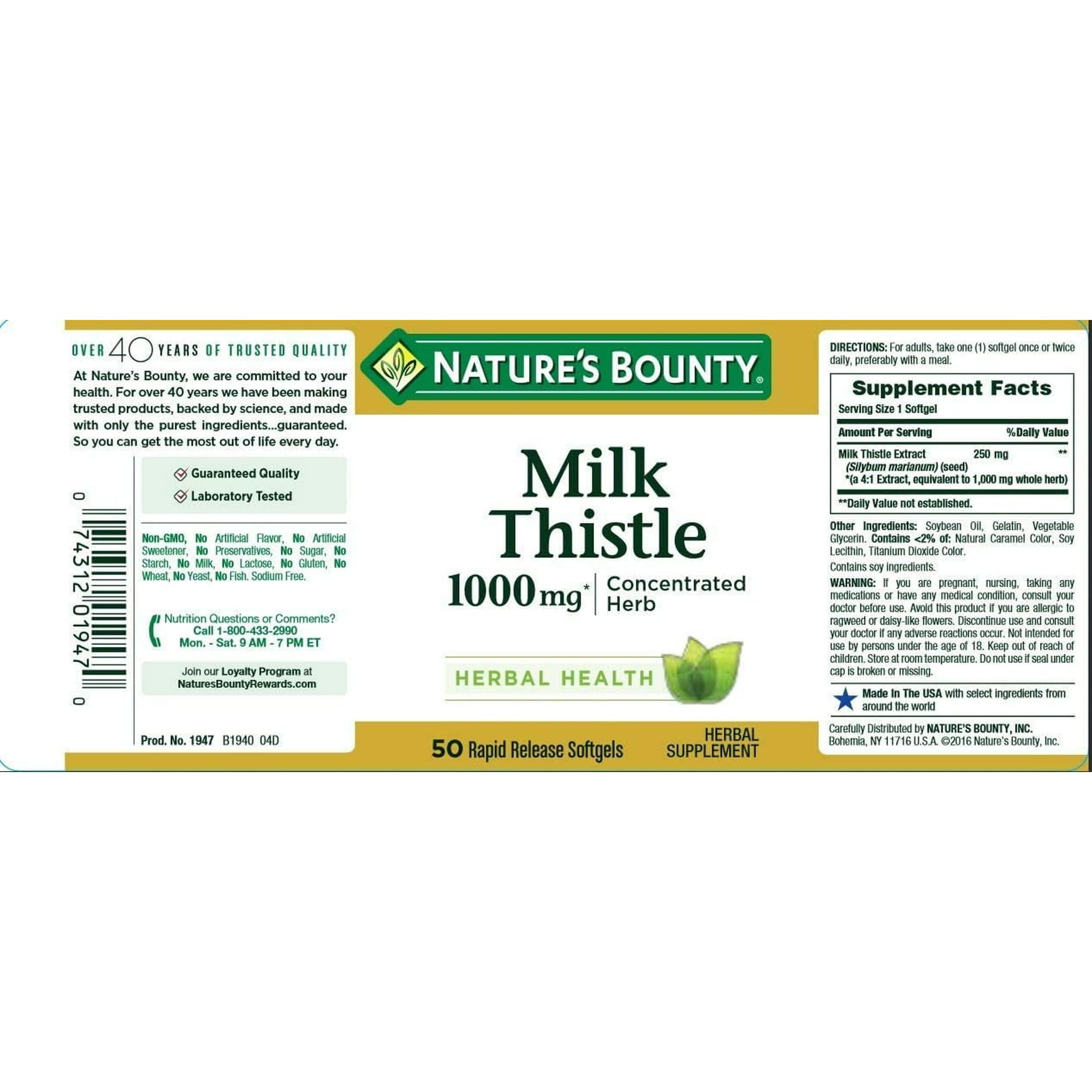 Nature's Bounty Chardon-Marie 1000 mg, pack de 2 gélules, routine bien-être simplifiée