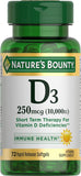 Nature's Bounty D3-10 000 UI — Bouteille capsules molles, vue avant, utilisation quotidienne pratique.