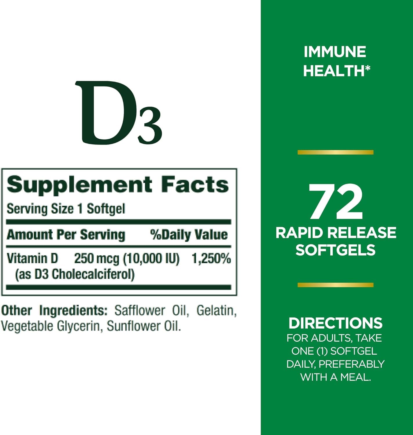 Nature's Bounty D3-10 000 UI — Étiquette nutritionnelle lisible et informative.
