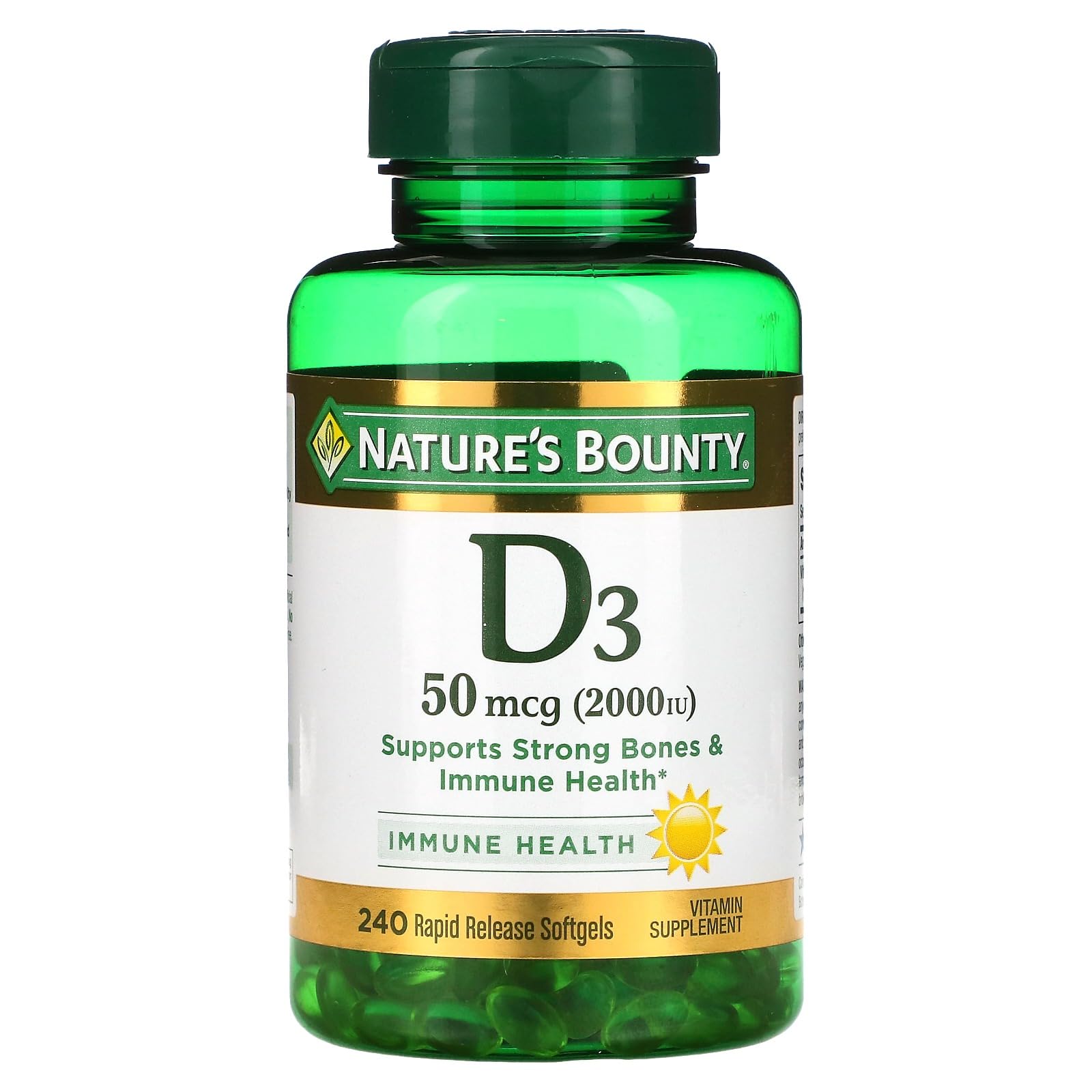 Nature's Bounty D3-2000 UI, bouteille, soutien potentiel à l'absorption du calcium.