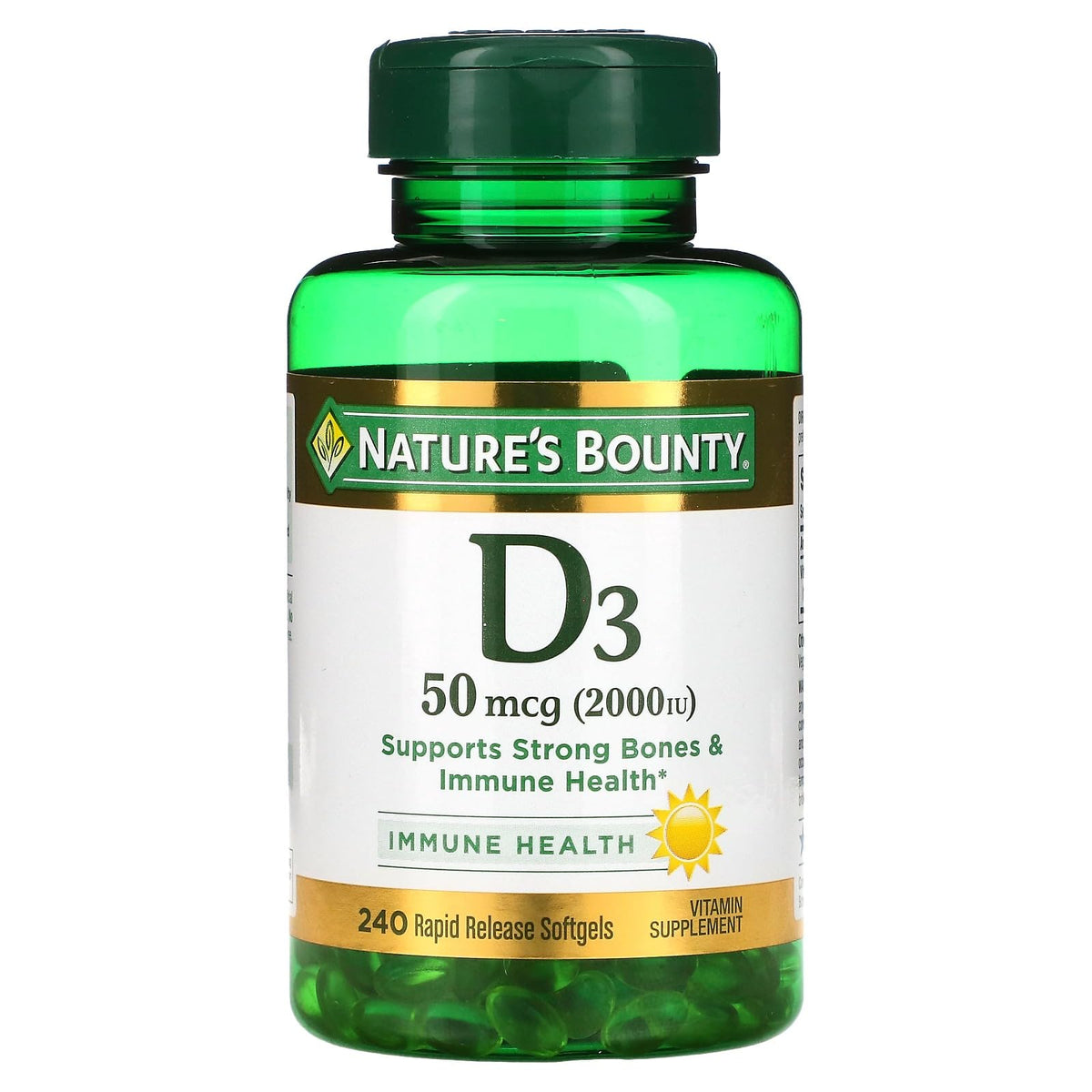 Nature's Bounty D3-2000 UI, bouteille, soutien potentiel à l'absorption du calcium.