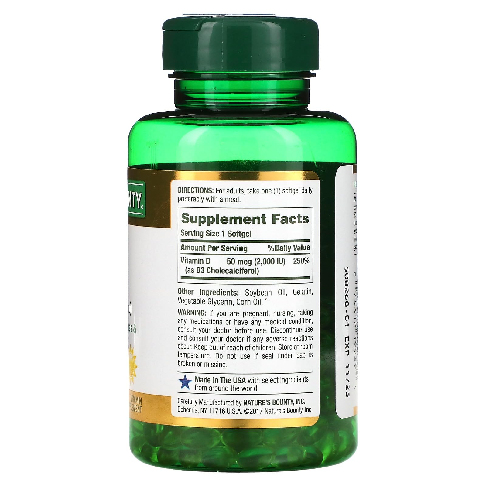 Nature's Bounty D3-2000 UI, gélules, soutien neuromusculaire et immunitaire potentiel.