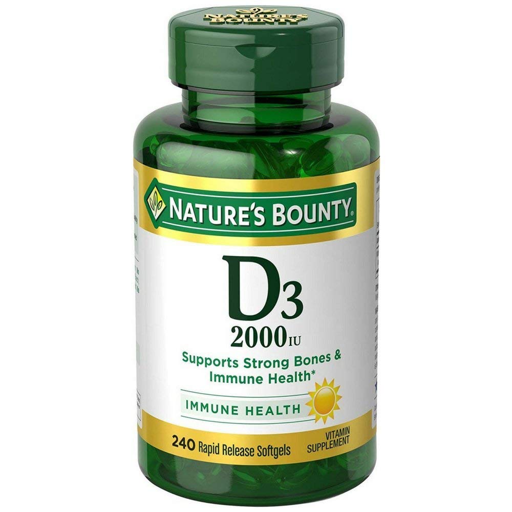 Nature's Bounty D3-2000 UI, bouteille gélules D3, soutien potentiel au système immunitaire et à la santé osseuse.