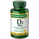 Nature's Bounty D3-2000 UI, bouteille gélules D3, soutien potentiel au système immunitaire et à la santé osseuse.