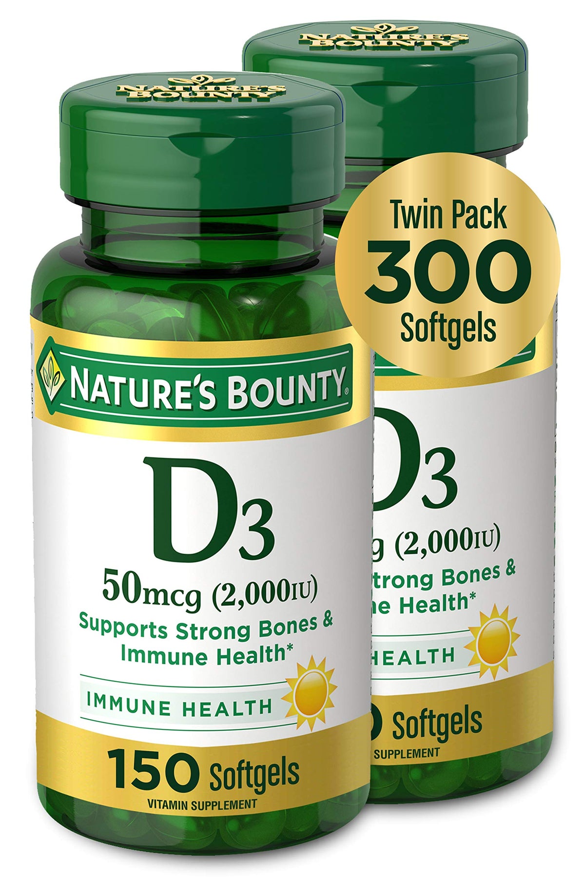 Nature's Bounty D3 dans une bouteille, gélules faciles à avaler pour un usage quotidien.