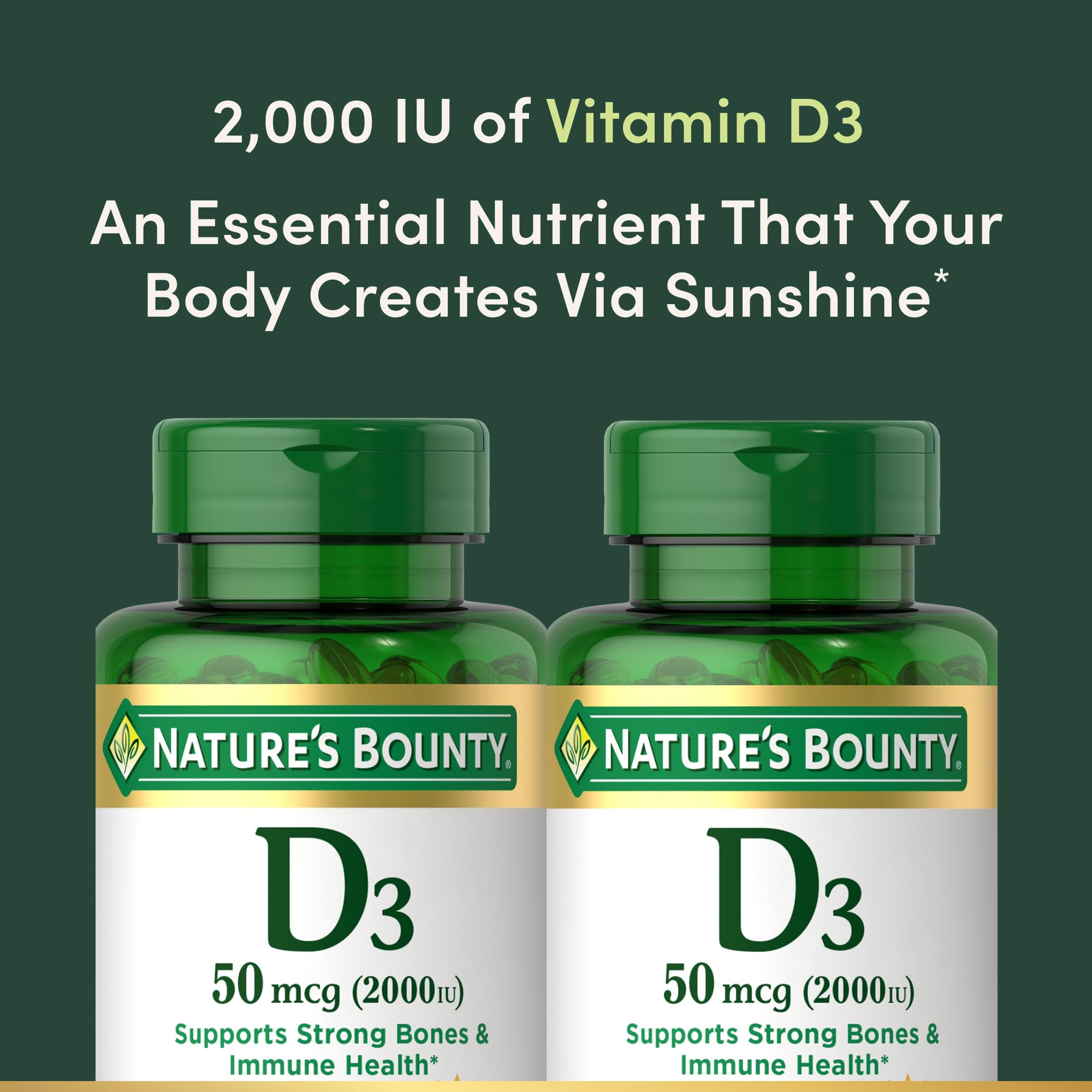 Nature's Bounty D3 lot double, pratique pour l'approvisionnement annuel.
