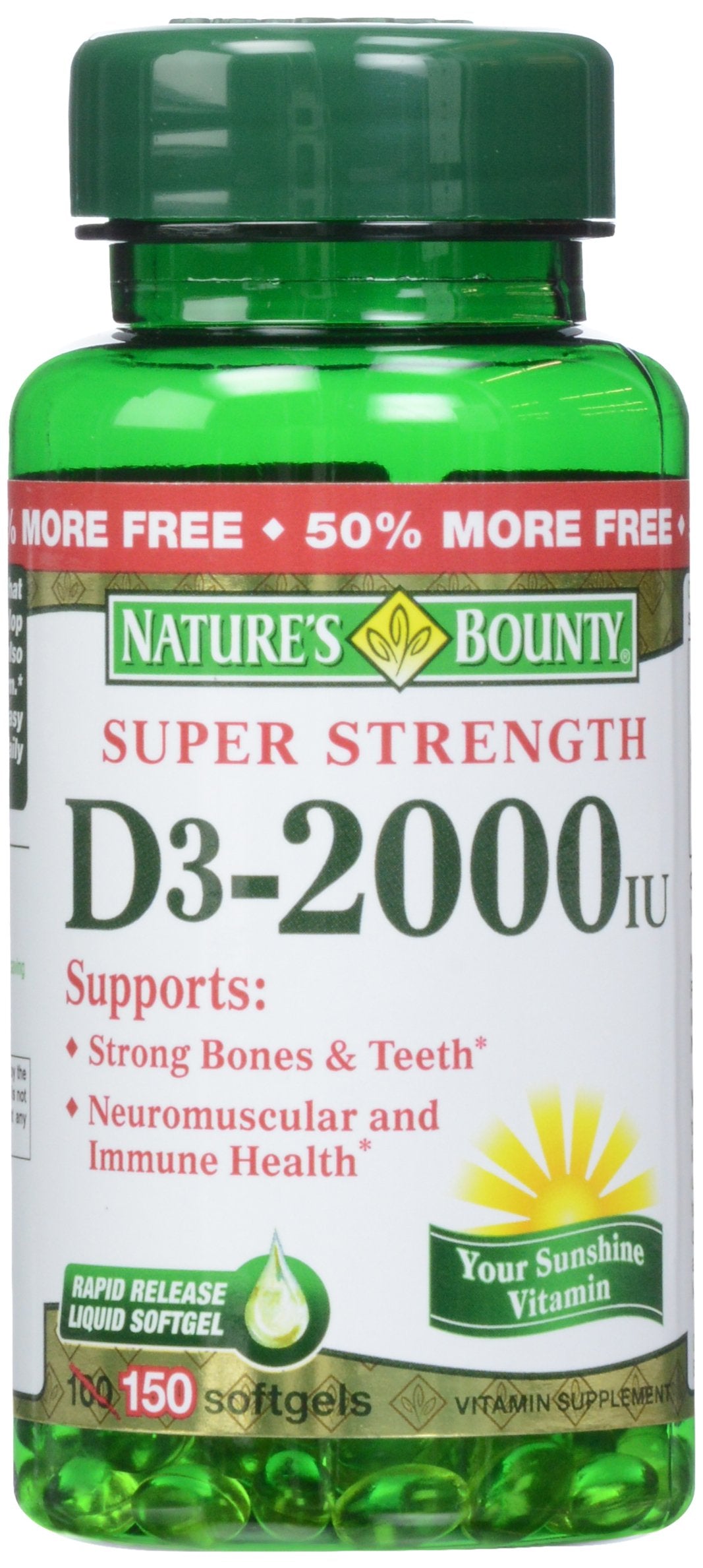 Nature's Bounty D3 Softgels, bouteille visible, pratique pour un apport quotidien en vitamine D.