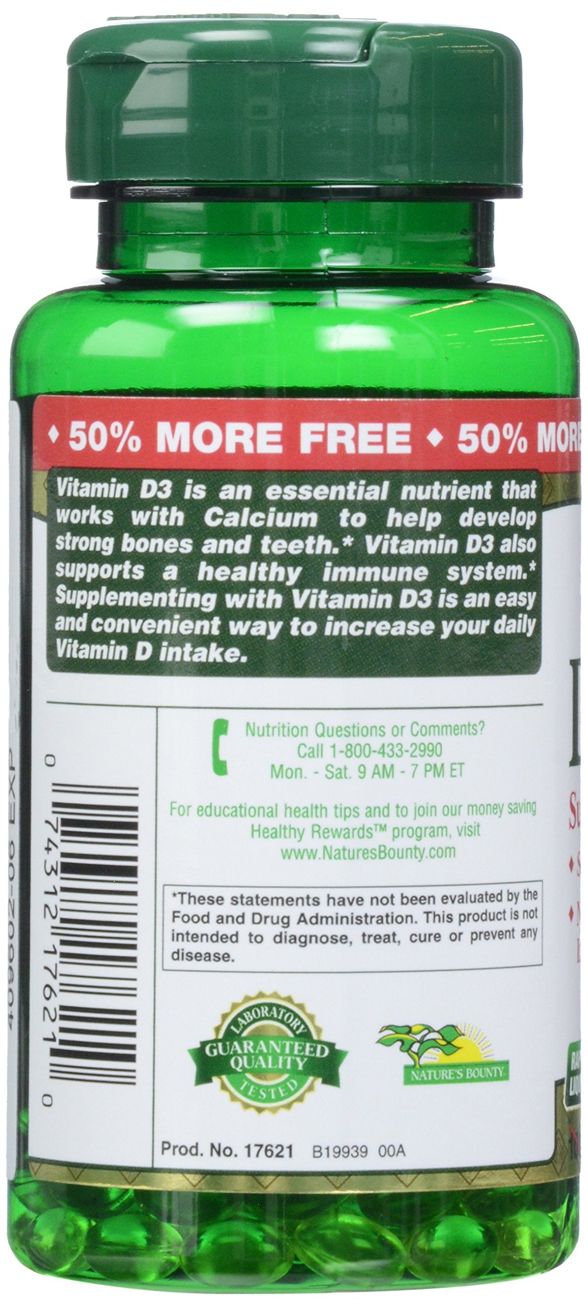 Nature's Bounty D3 Softgels, doseur pratique pour contrôler la prise.