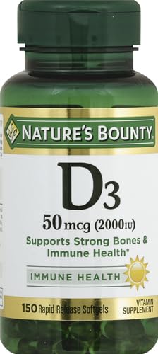 Nature's Bounty D3 Softgels, étiquette claire avec posologie et conseils d'utilisation.