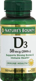 Nature's Bounty D3 Softgels, étiquette claire avec posologie et conseils d'utilisation.