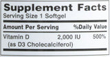 Nature's Bounty D3 Softgels, zoom sur étiquette et liste d'ingrédients.