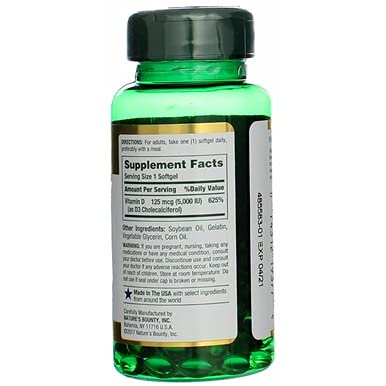 Nature's Bounty D5000 Softgels, bouteille ouverte prête à l'emploi au quotidien.