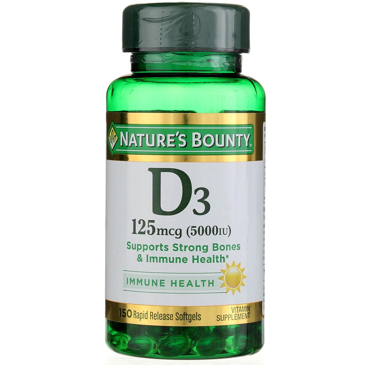 Nature's Bounty D5000 Softgels, bouteille pratique, prise facile et absorption rapide.