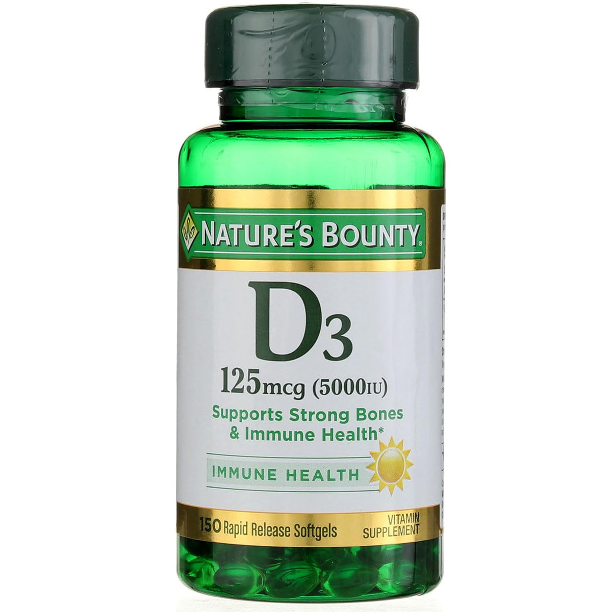 Nature's Bounty D5000 Softgels, bouteille pratique, prise facile et absorption rapide.