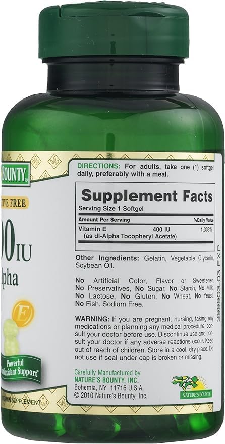 Nature's Bounty E-400 UI Pur Dl-Alpha, etiquette claire sur les composants et l'usage.