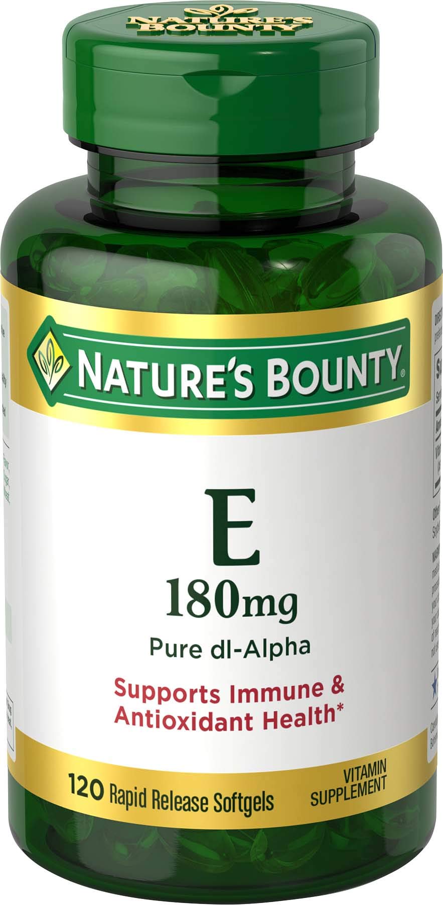 Nature's Bounty E-400IU D-Alpha, bouteille avec étiquette indiquant un soutien potentiel à la peau