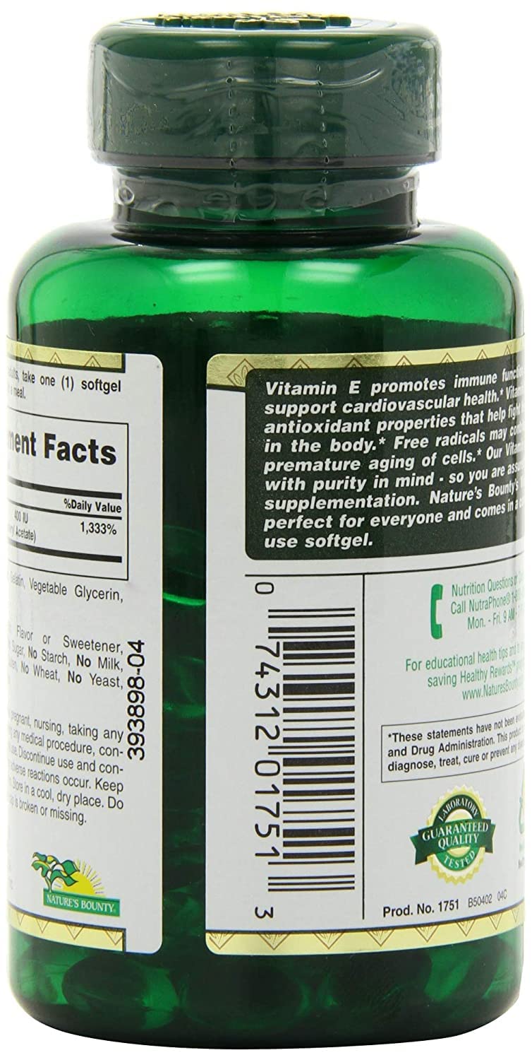 Nature's Bounty E-400IU D-Alpha, étiquette produit montrant les informations clés