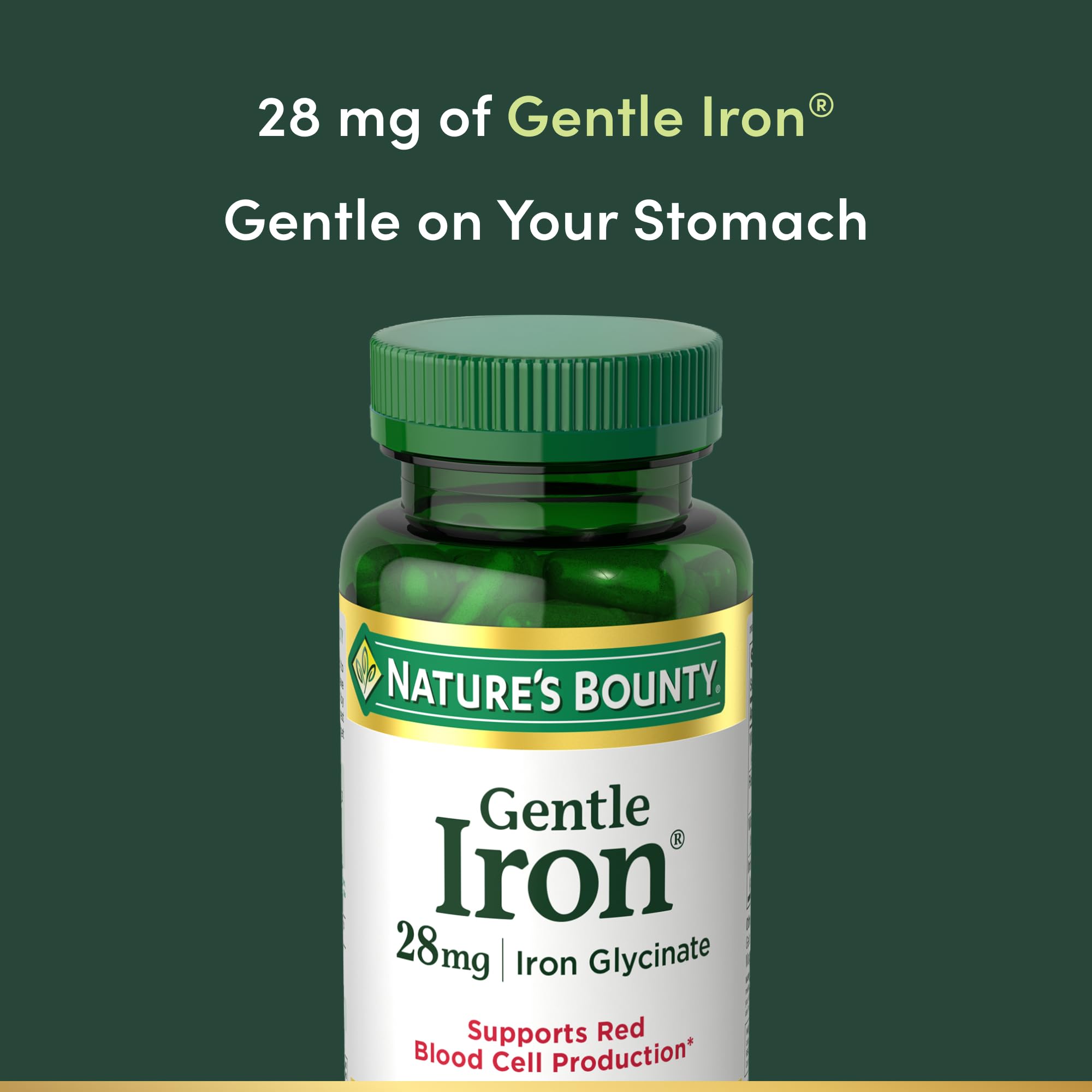 Nature's Bounty Fer Doux 28 mg — étiquette sans gluten, option fiable.
