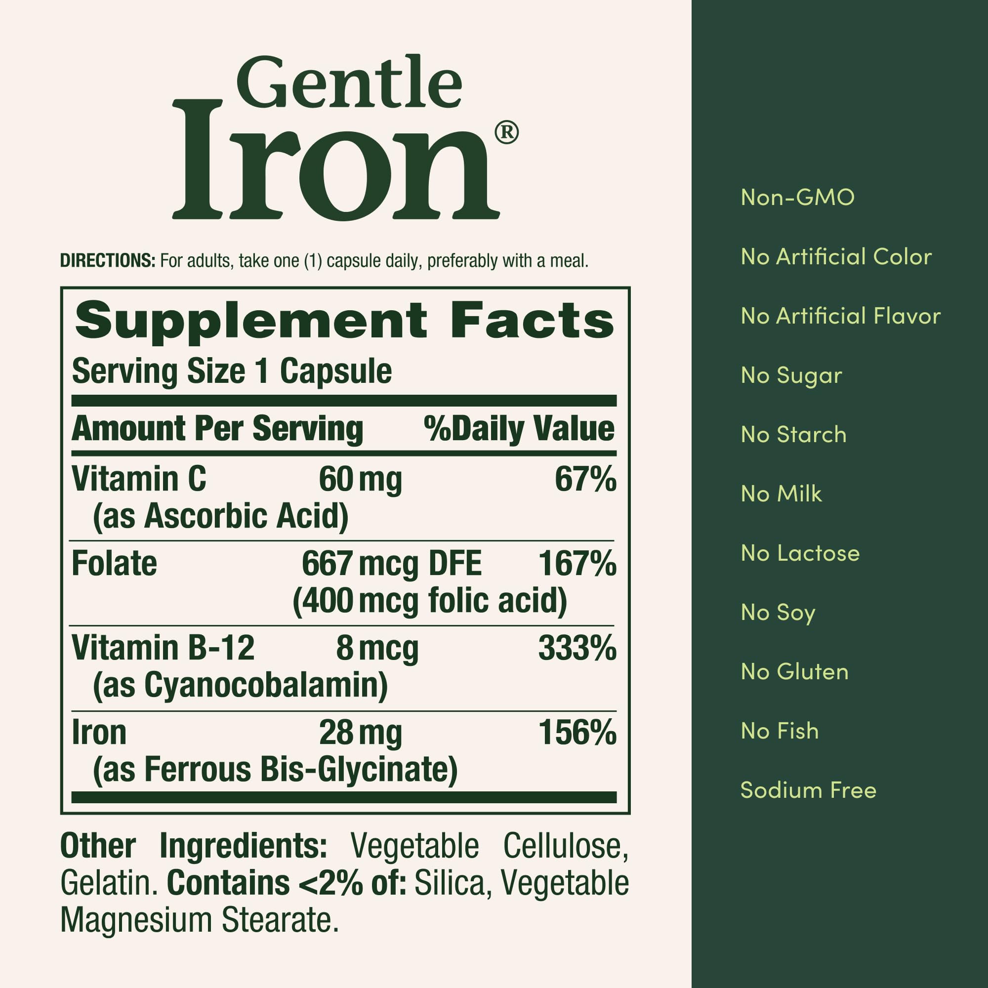 Nature's Bounty Fer Doux 28 mg — emballage sans gluten et informations claires.
