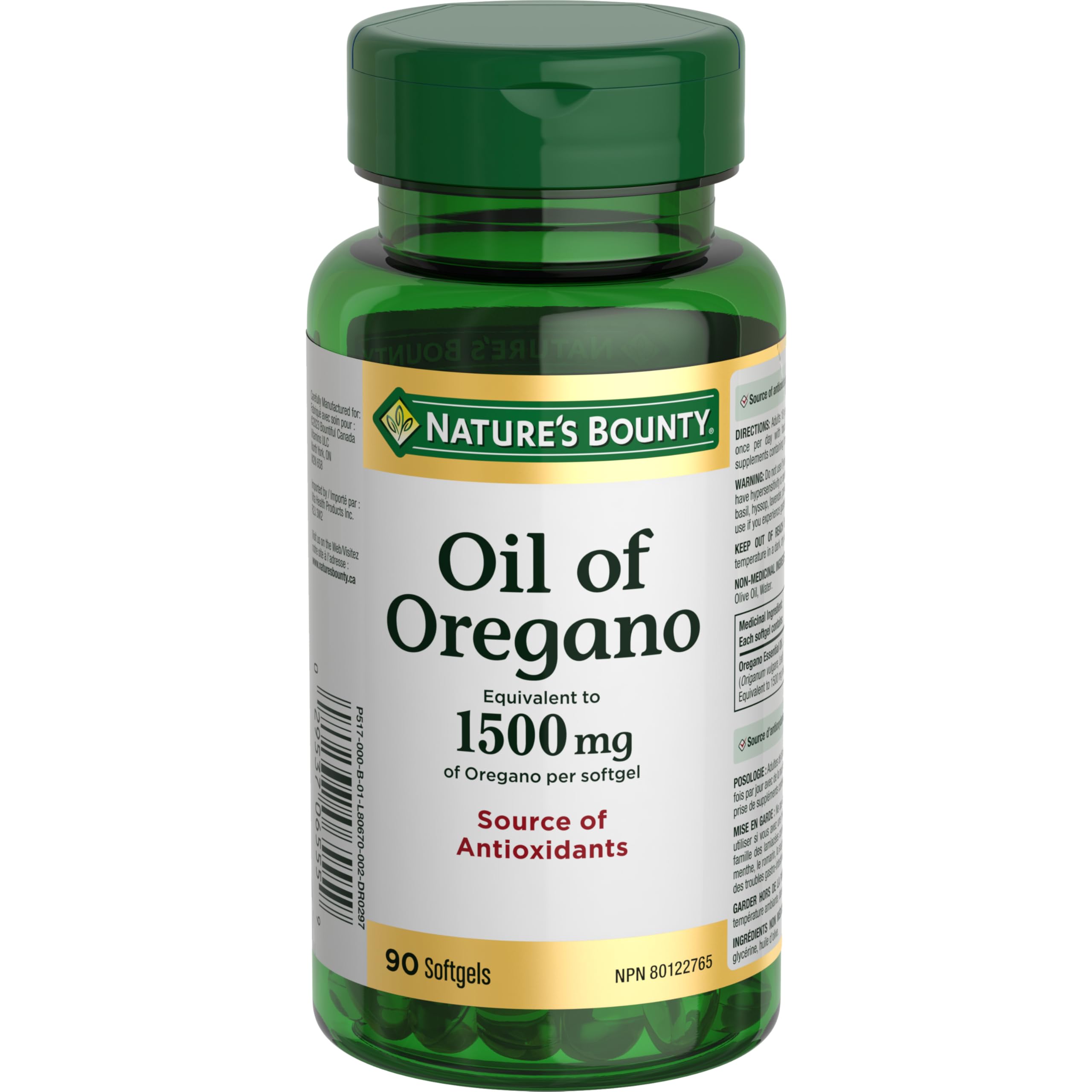 Nature's Bounty huile d'origan 1500 mg, flacon pratique pour usage quotidien.