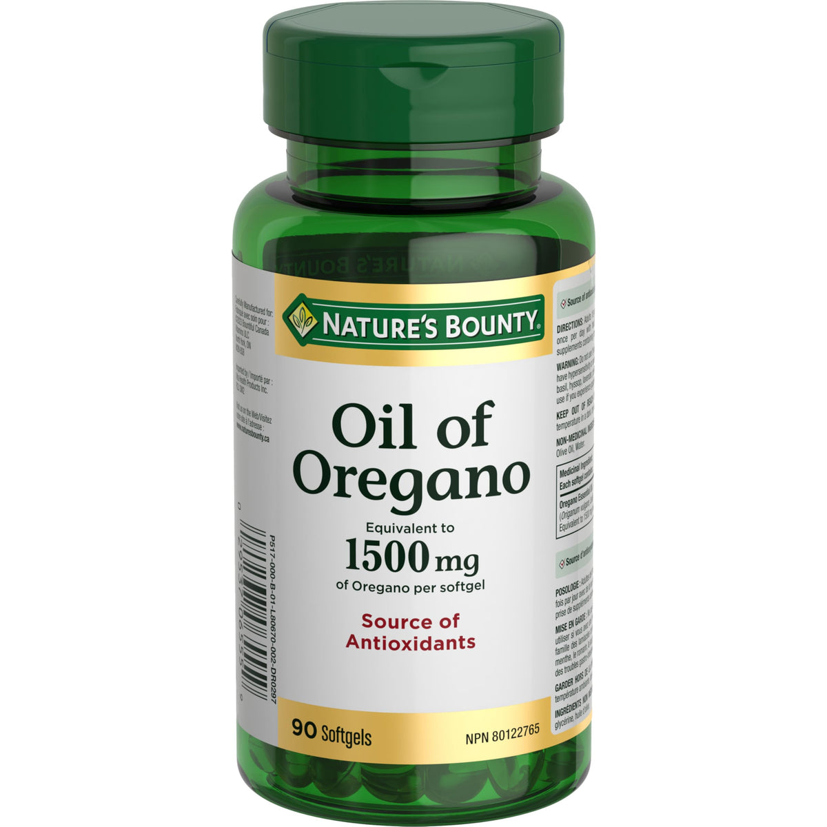 Nature's Bounty huile d'origan 1500 mg, flacon pratique pour usage quotidien.