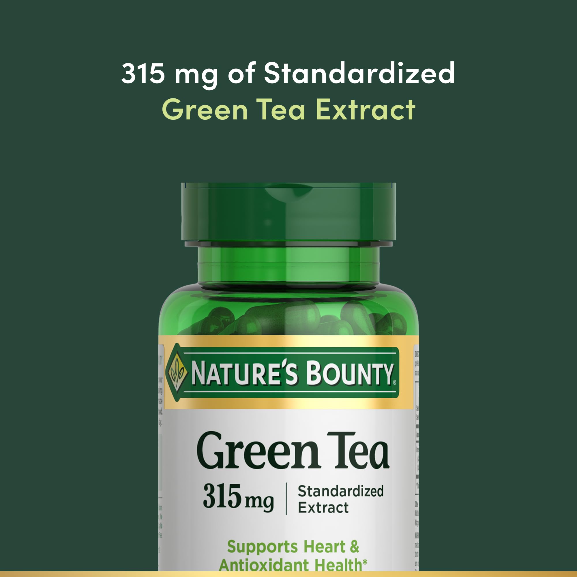 Nature's Bounty gélules thé vert – emballage clair avec informations utiles.