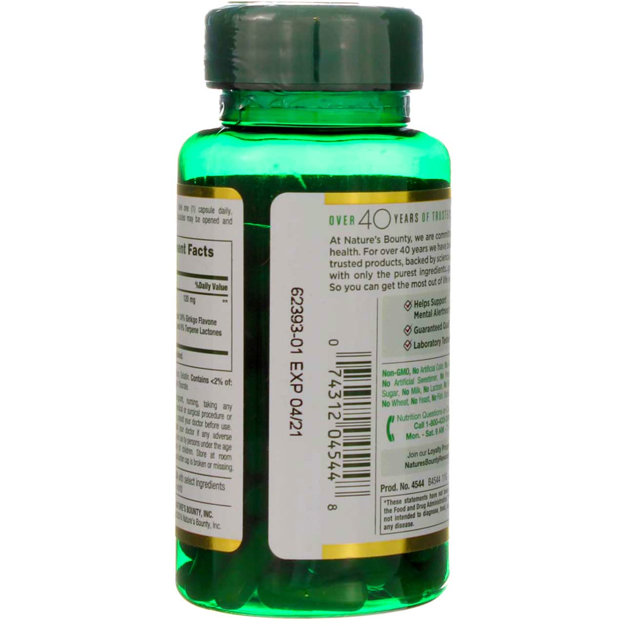 Bouteille Nature's Bounty Ginkgo Biloba, capuchon sûr et dosage clair