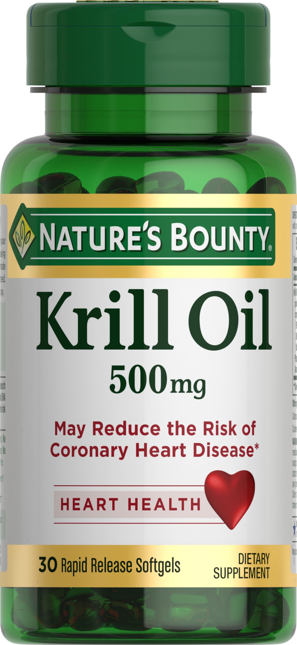 Nature's Bounty Krill Oil – bouteille et étiquette, absorption rapide et facile à avaler