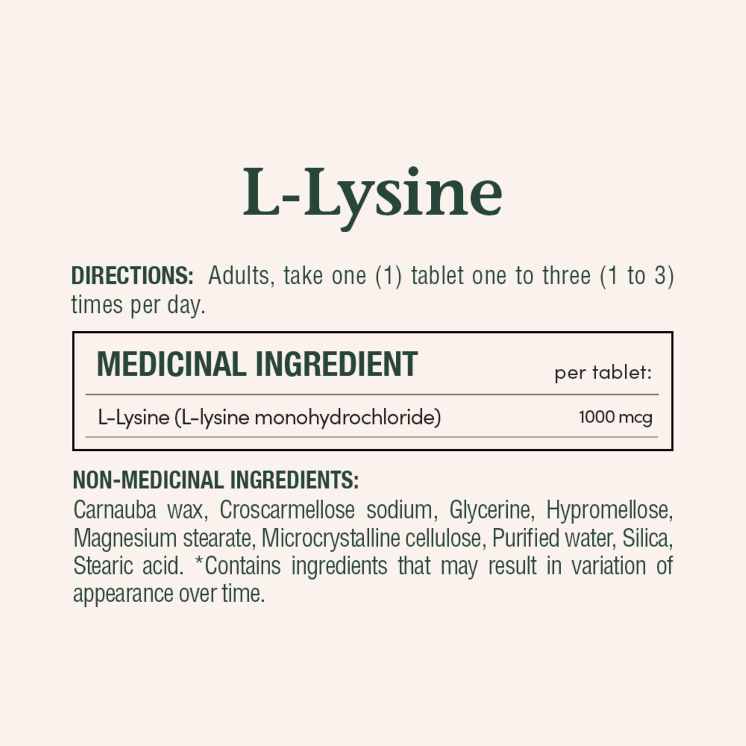Étiquette Nature's Bounty L-Lysine 1000 mg affiche les informations essentielles.