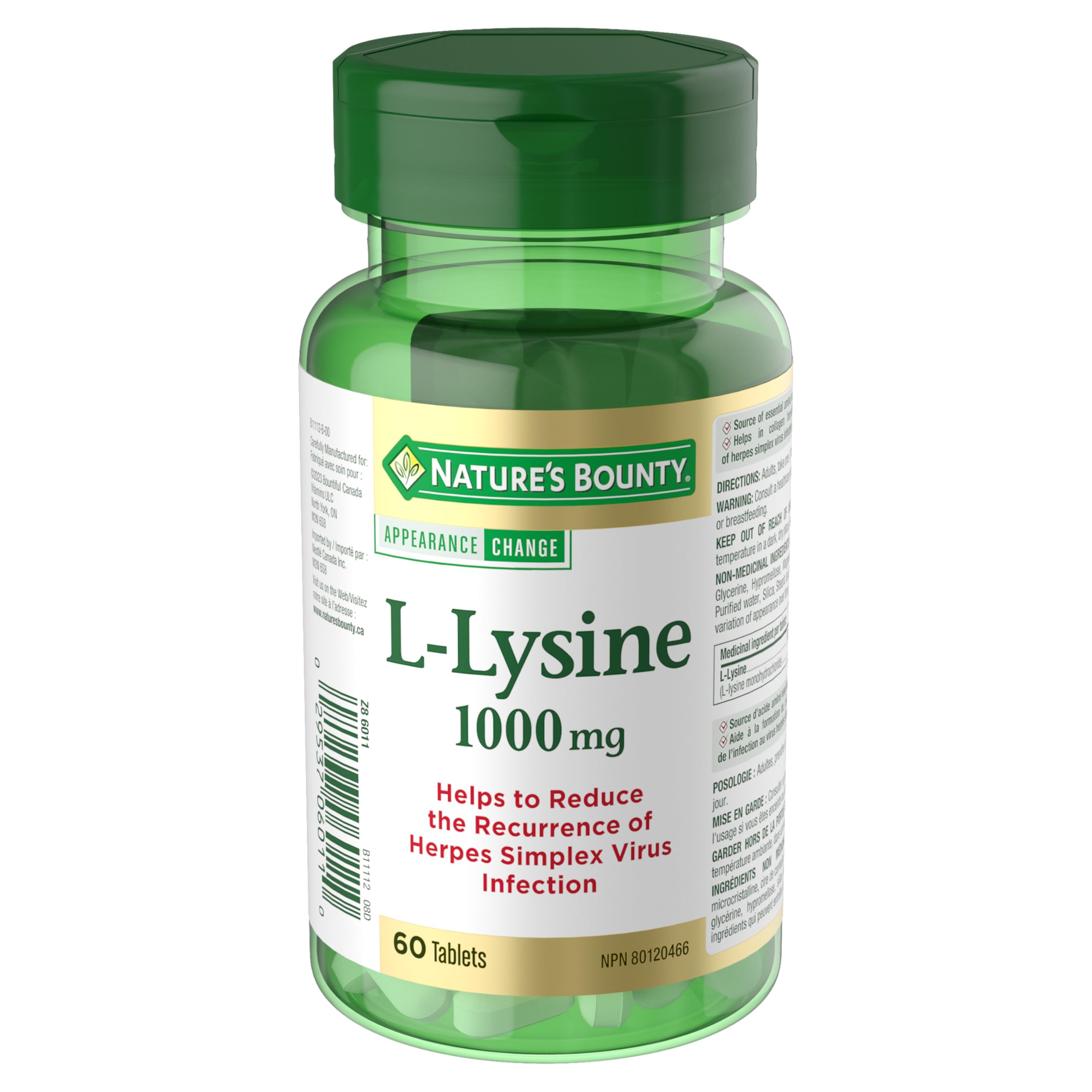 Nature's Bounty L-Lysine 1000 mg, tablettes dans la bouteille, usage quotidien pratique.