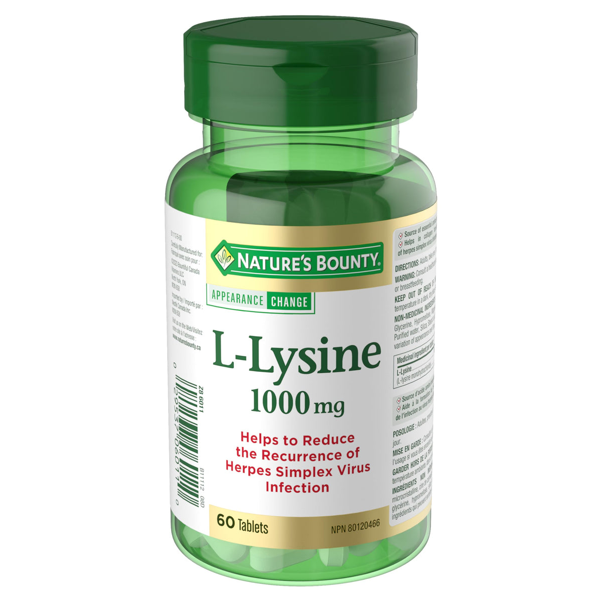 Nature's Bounty L-Lysine 1000 mg, tablettes dans la bouteille, usage quotidien pratique.