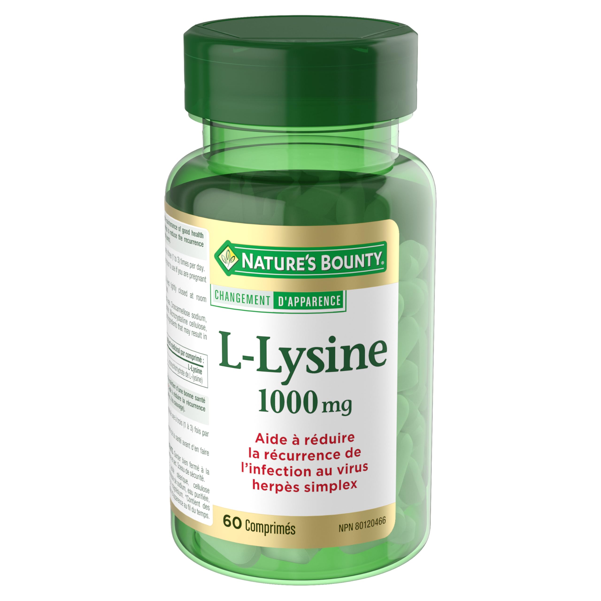 Tablettes douces Nature's Bounty L-Lysine 1000 mg, faciles à avaler.