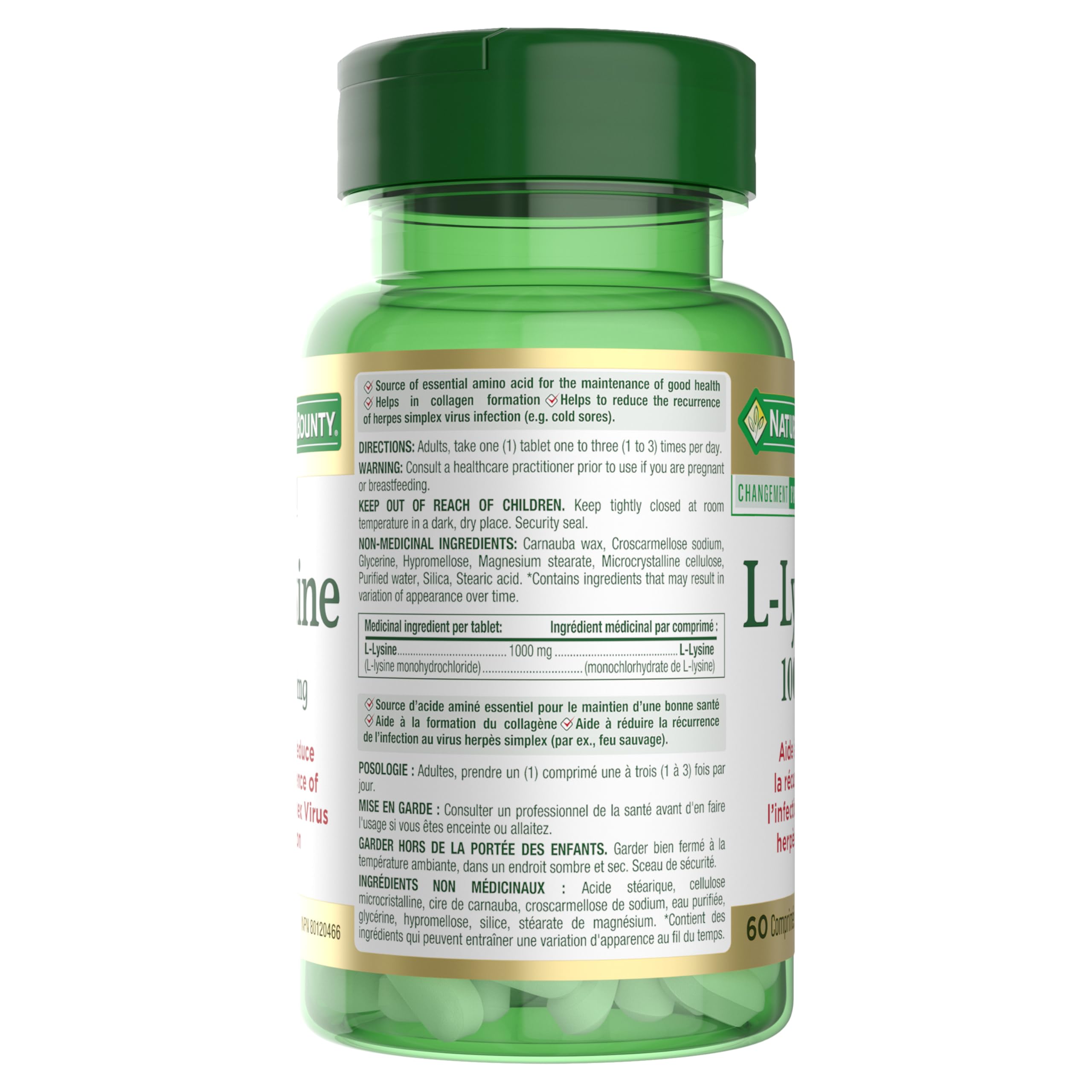 Utilisation nomade Nature's Bounty L-Lysine 1000 mg pour le quotidien.