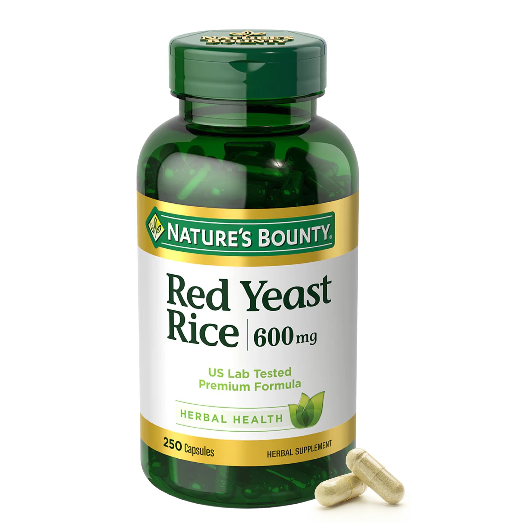 Nature's Bounty levure rouge riz en gelules et bouteille, prise quotidienne pratique.