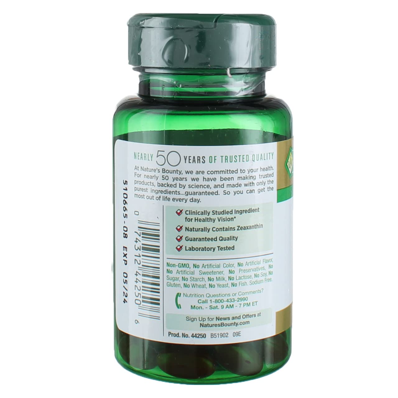 Nature's Bounty Lutéine 40 mg, étiquette indiquant la zeaxanthine bénéfique pour la vision.