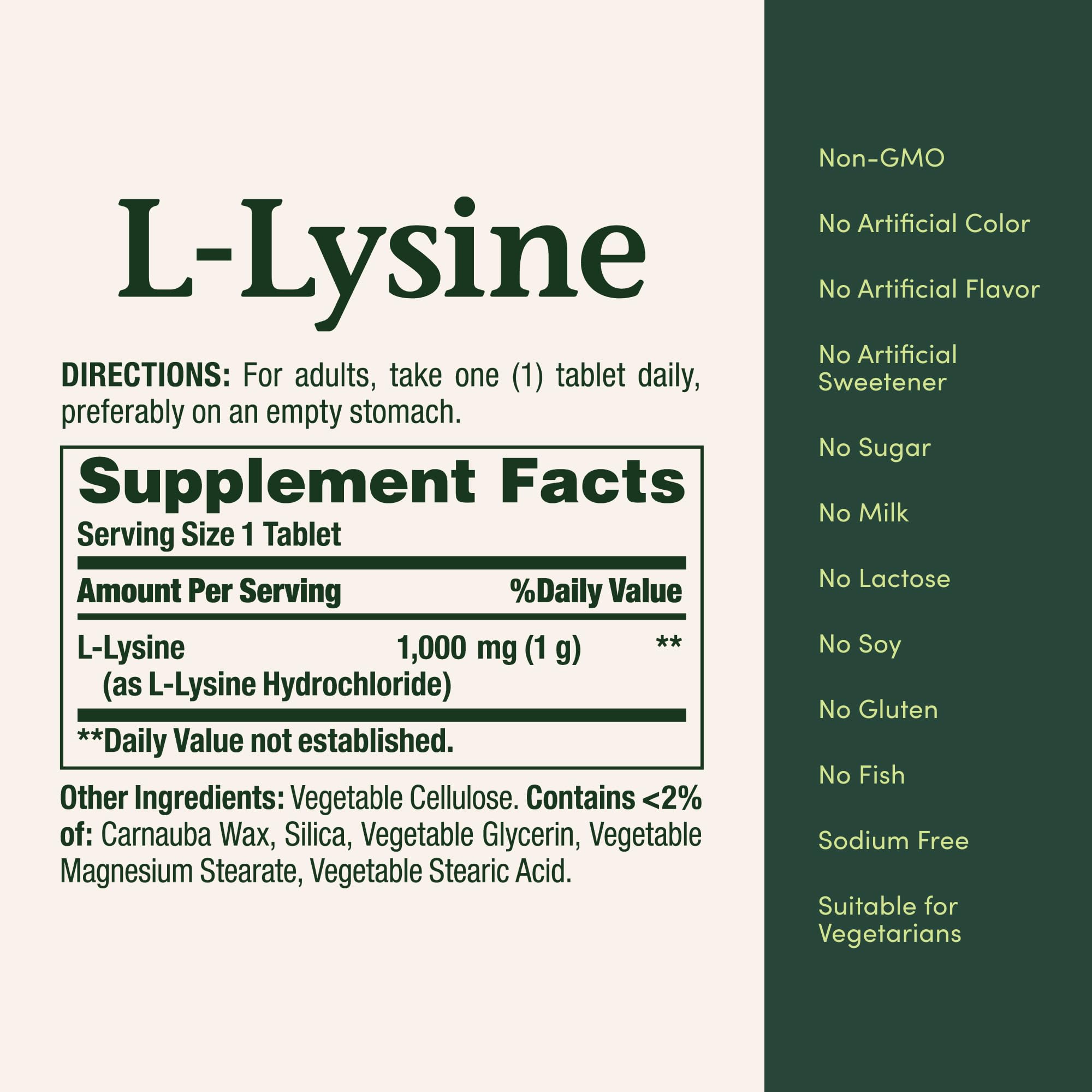 Nature's Bounty L-Lysine 1000 mg – composition lisible et vérifiable sur l étiquette